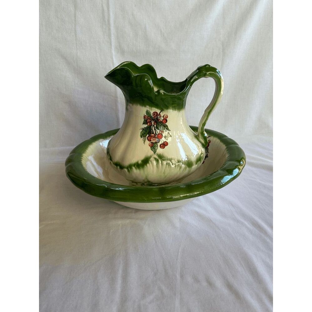 Vintage Iron Stone Wash Bowl/Basin and Vase/Pitcher Set White/Green